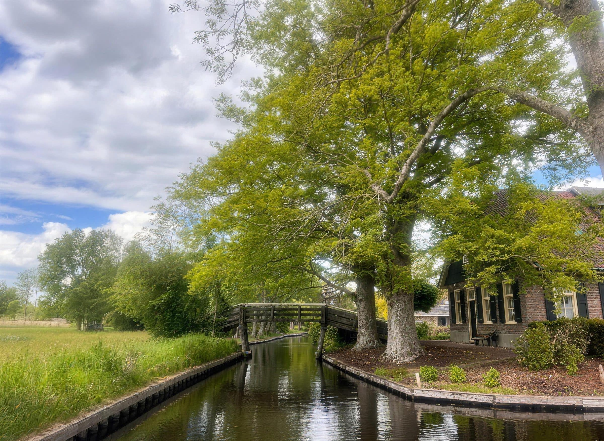 Gracht met houten brug in Giethoorn